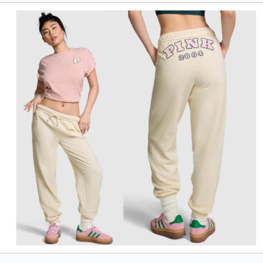 PINK Victoria' Secret Ivy Fleece Ivory Jogger Sweatpants Logo Backside XXL NWT